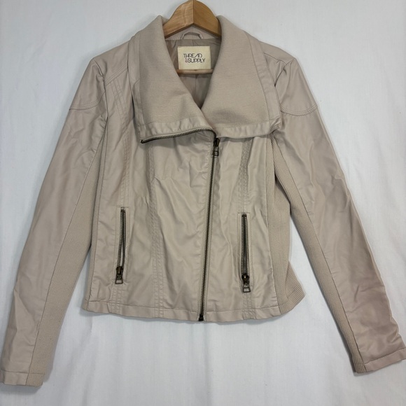 Thread & Supply Motorcycle Jacket Womens M Cream Faux Leather Zip Moto Biker - Picture 1 of 12